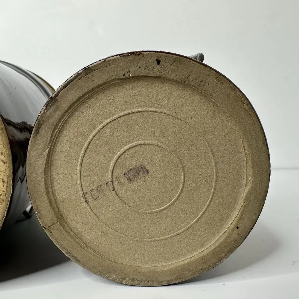 2 Vtg Woodys Chunk O Gold Cheese Crocks Stoneware Brown 12oz 6oz Wire Clamp Lids